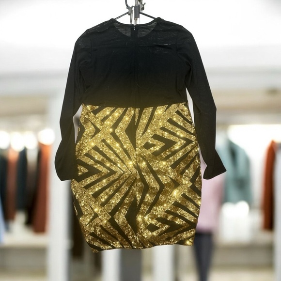 Black and Gold Sequin Mini Dress with sheer sleeves - Picture 3 of 5
